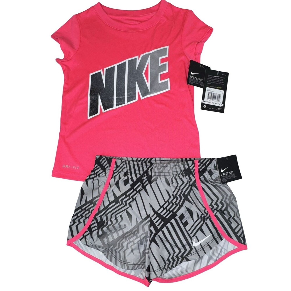 Nike Girls Size 5 2-Piece Dri-Fit Set Pink Shirt Gray Shorts Casual Athletic New